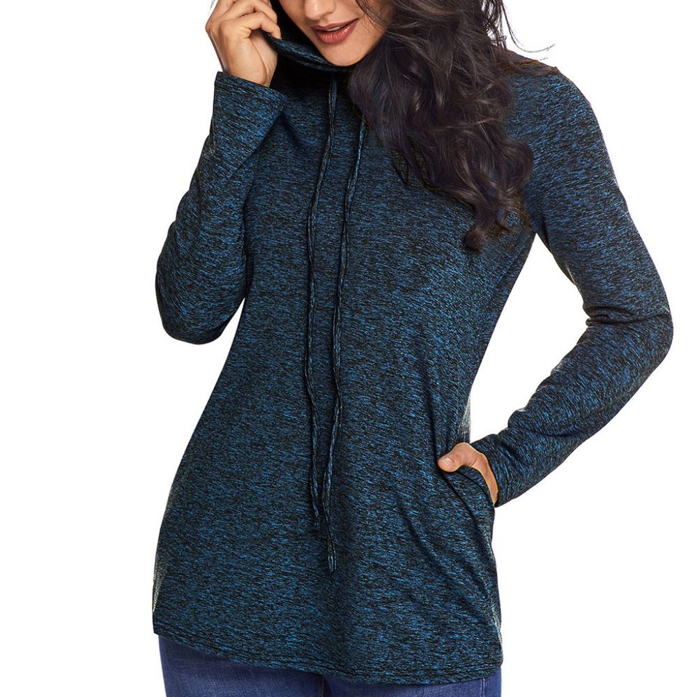 Heather Blue Cozy Cowl Neck Drawstring Sweatshirt